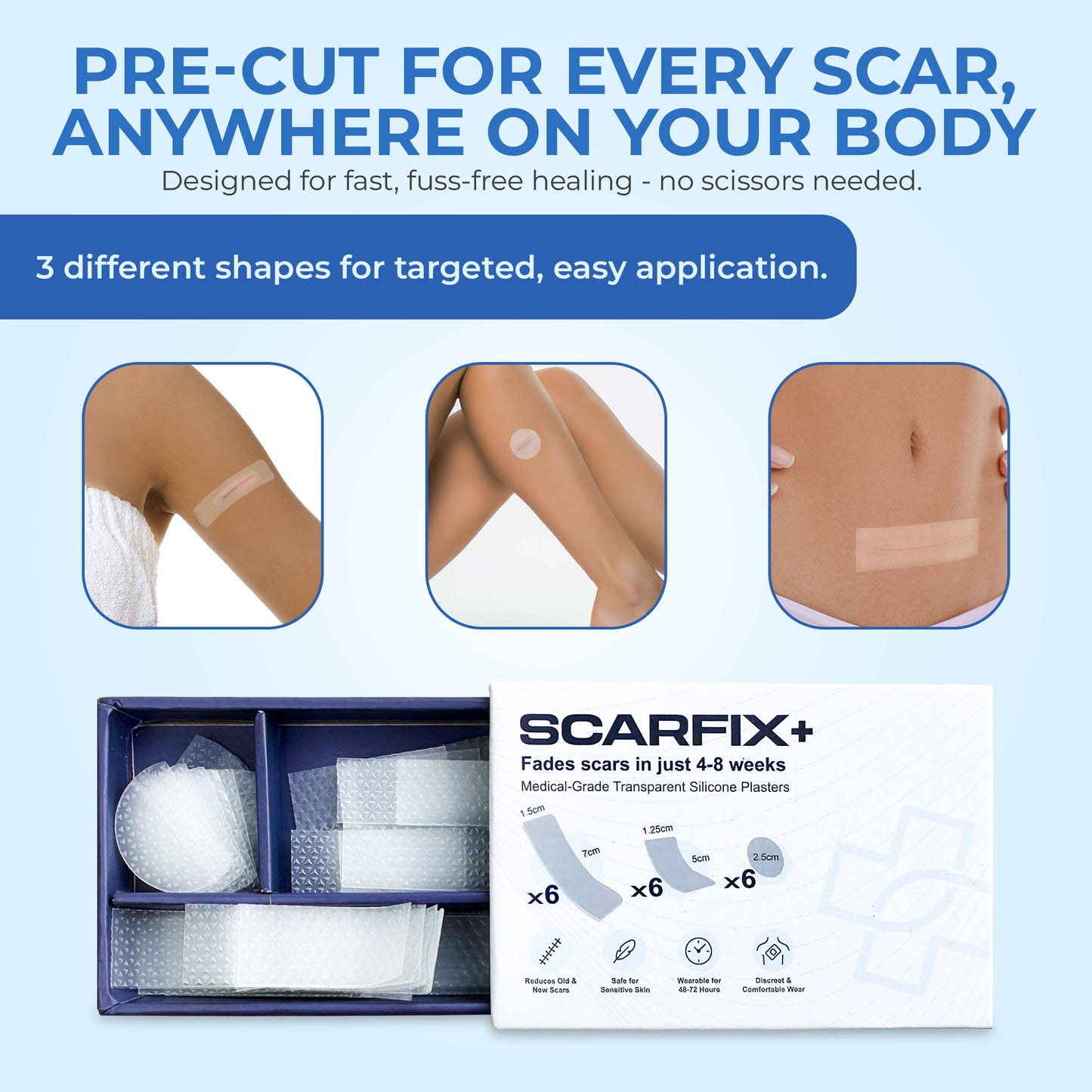 ScarFix+ | Transparent Silicone Scar Plasters for Surgery, Acne & Stretch Marks