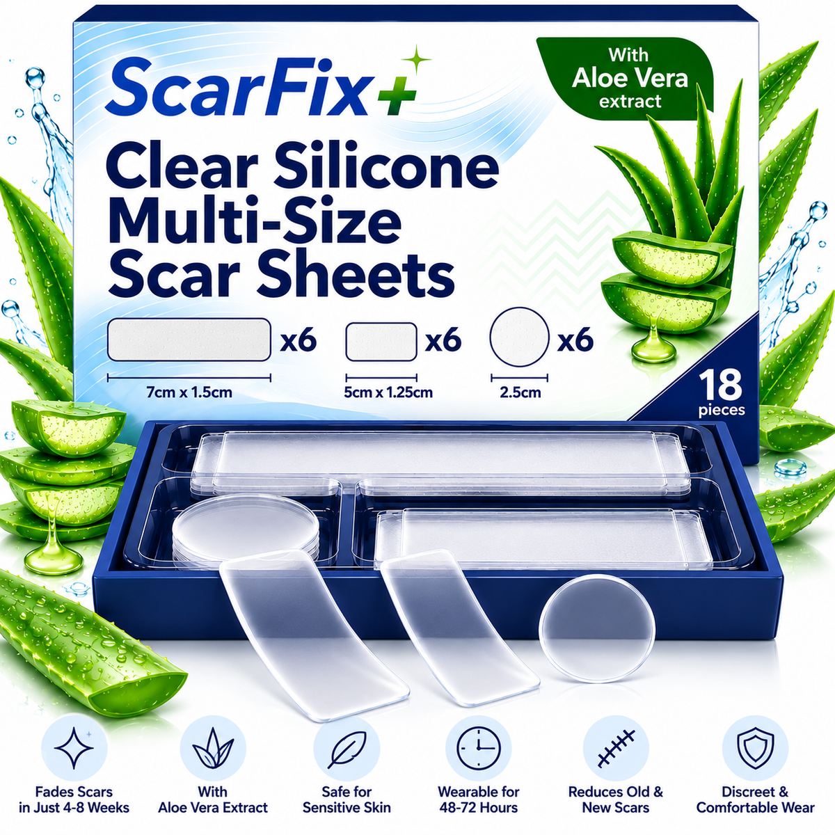 ScarFix+ Silicone Scar Plasters - Transparent, Pre-Cut, with Aloe Vera | Acne, Stretch Marks & Everyday Scars (18 Pack, 3 Sizes) ScarFix+