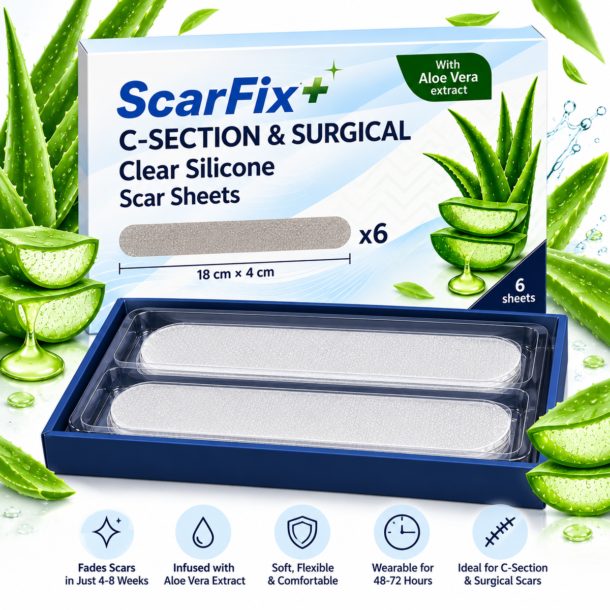 ScarFix+ Clear Silicone C-Section Scar Sheets - Transparent, with Aloe Vera | 6 Large Sheets (18cm x 4cm) ScarFix+